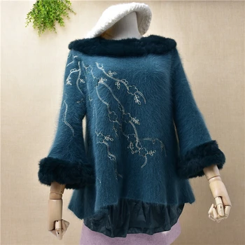 

fashion thick warm real angora raabit fur slash neck seven flare sleeves fake two pieces fur collar pullover sweater tops winter