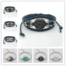 Ретро Викинг Компас кожаный браслет Мужская и женская нордическая Руна символ Одина напечатанное стекло время подвеска с драгоценным камнем браслет