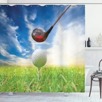 

Sports Shower Curtain, Golf Club Themed Macro Photography Print of Lofter and Ball on Tee, Cloth Fabric Bathroom Decor Set with
