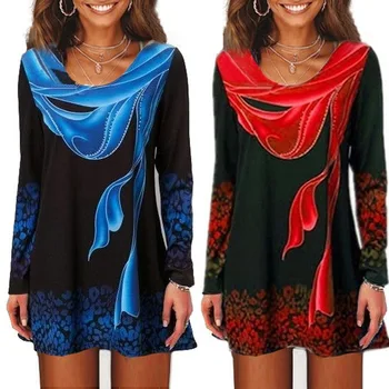 

New 2020 Spring Autum Long Sleeve Fashion Print Dress Women Party Plus Size Vestidos Sexy Bodycon Good Quality Red Blue Dresses