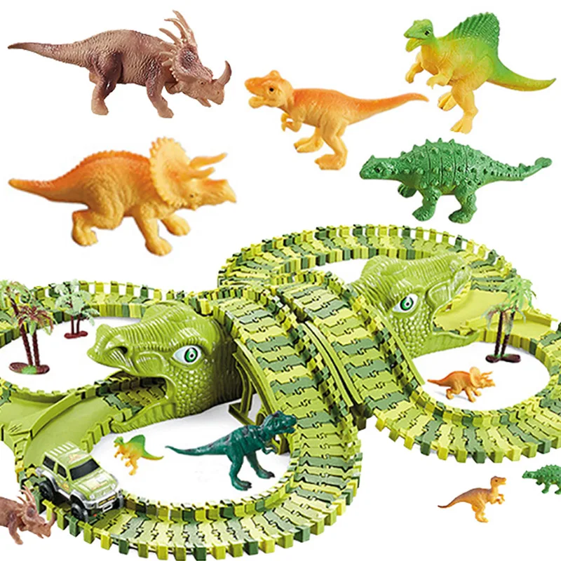 Dinossauro eletrônico pista de corrida ferroviária carro brinquedo jogo  conjunto diy montar curva flexível pista de corrida carro crianças  presentes educativos - AliExpress