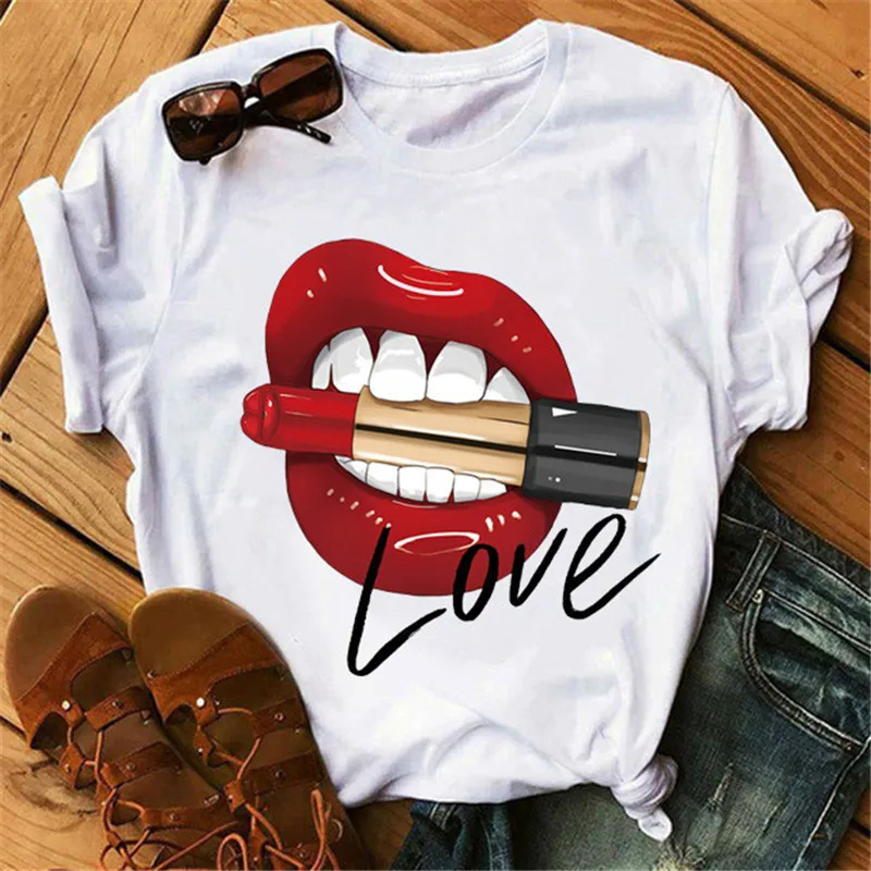 

Summer 2020 new loose solid color round neck short sleeve women's T-shirt, sexy lips print women's plus size tops ladies clothes