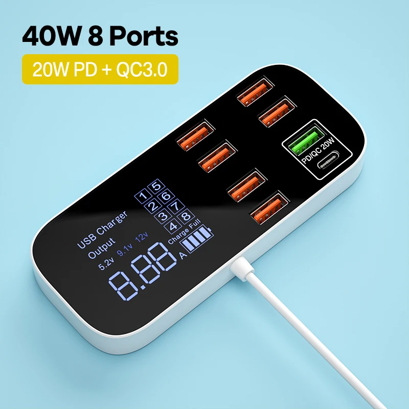 65 watt car charger 8 Ports LED 40W USB Charger HUB Quick Charge QC3.0 Fast Charger Adapter Type C USB C Charger For iPhone Samsung Xiaomi Huawei usb c fast charge Chargers