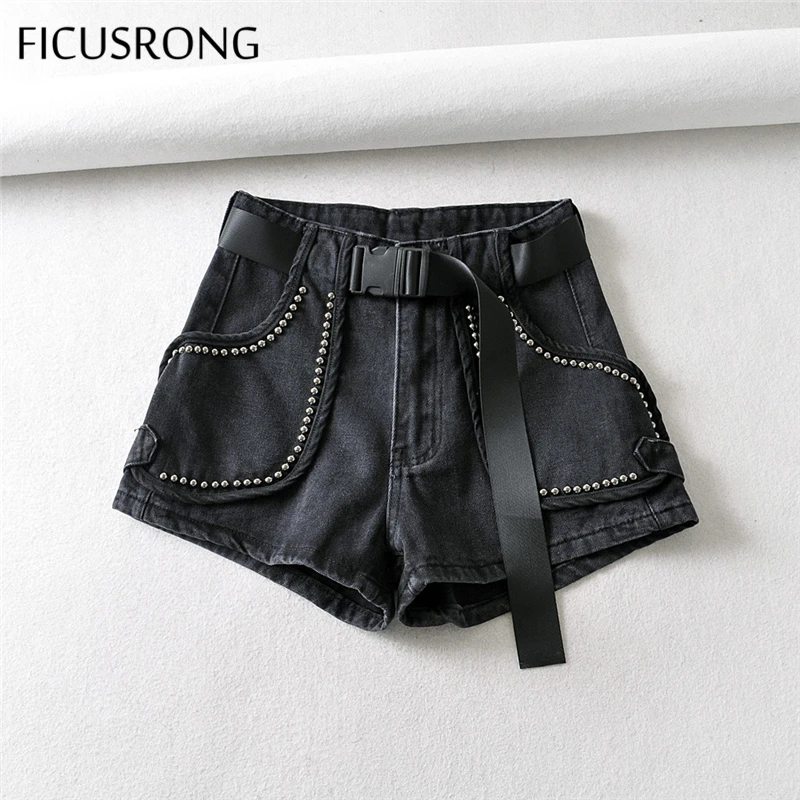 

FICUSRONG Straight High-Waist Short Pants Women Streetwear Zipper Medium Coated Cotton Sashes Pockets Bleached Denim Pant 2020