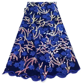 

New Arrival Sequins Lace Fabrics African Nigerian Tulle Mesh Lace Fabric for Wedding Velvet Lace Fabrics with Royal Blu Sequins