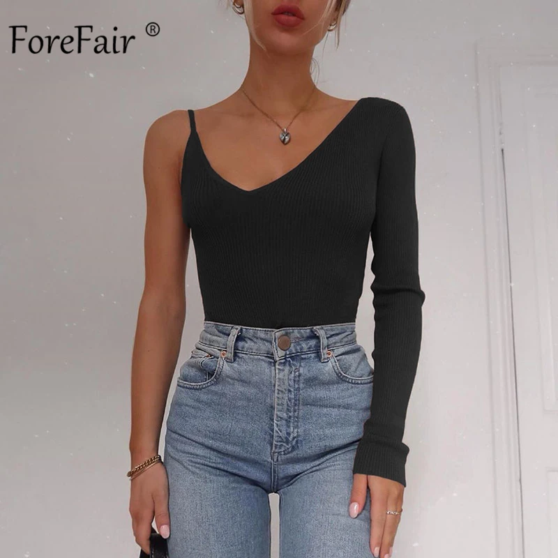 Женское боди на одно плечо Forefair трикотажное облегающее черное эластичное с