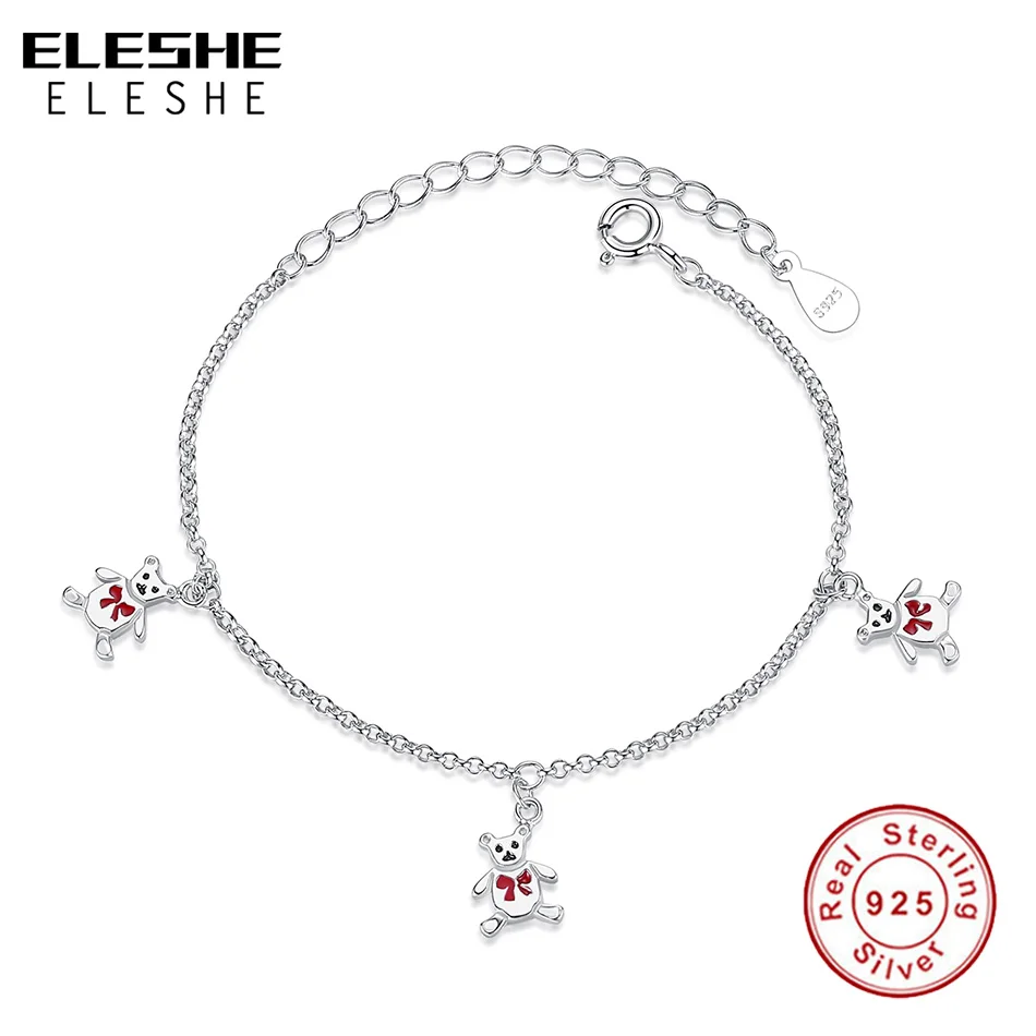 ELESHE 925 пробы Серебряный Очаровательный браслет с милым медведем для маленьких девочек, детские регулируемые серебряные браслеты на цепочке, рождественский подарок