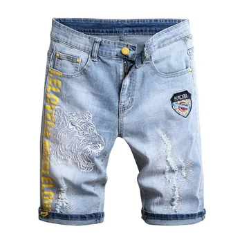 

KIOVNO Men Summer Embroidery Short Jeans Straigth Letter Printed Denim Shorts For Male Size 28-38