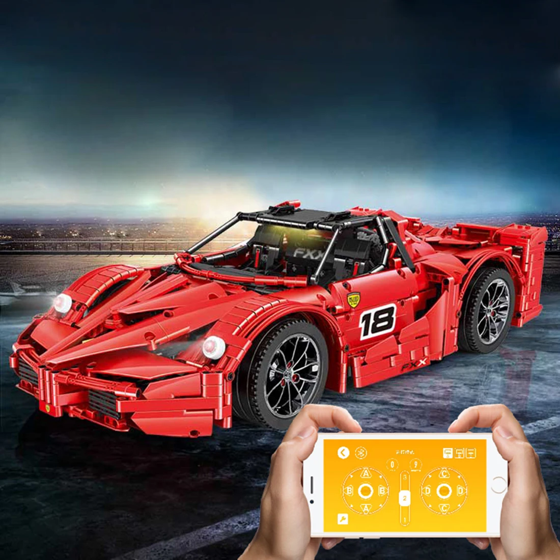 

2101Pcs 1:8 2.4G APP RC Sports Car Wiht LED Light DIY Small Particles Vehicle Building Blocks For Children Birthday Gift - Red