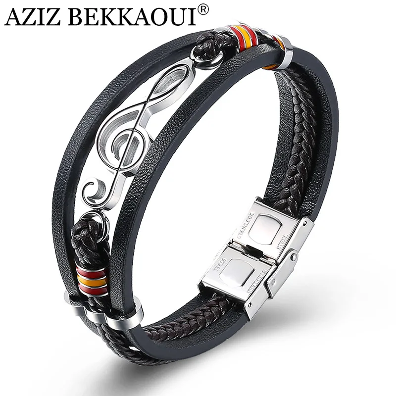 

AZIZ BEKKAOUI Black Stainless Steel Musical Notes Bracelets Punk Leather Bracelet for Men Double layer Rope Bangle Dropshipping
