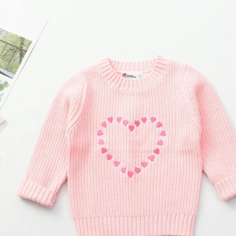 

Spring Korean-style Infants Virgin Kids' Sweater Korean-style Solid Color Long Sleeve Crew Neck Rust Flowers Heart Pullover Swea