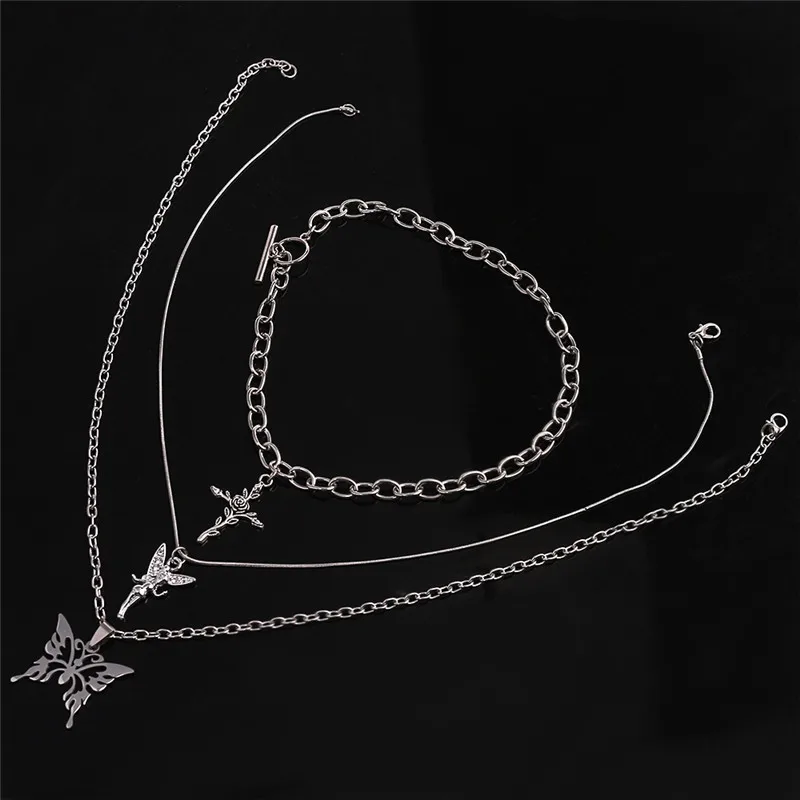 3pcs/set Butterfly Rose Angel Cross Pendant Necklace Multilayer Women Choker Long Chain Necklaces Harajuku Punk Jewelry