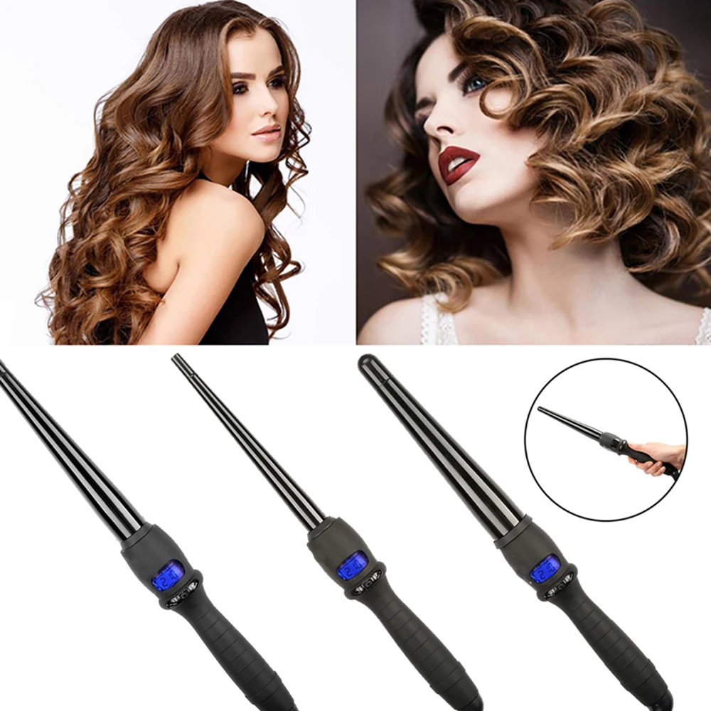 

LCD Curlers Conical Curling Iron Single Tube Ceramic Glaze Pear Flower Cone Electric Hair Curly Hair Electric Salon Curler Tool