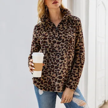 

Sexy Women Tops Pullovers V-neck Sweater Zipper Leopard Print Irregular Long sleeve Wool Female Winter Sweater