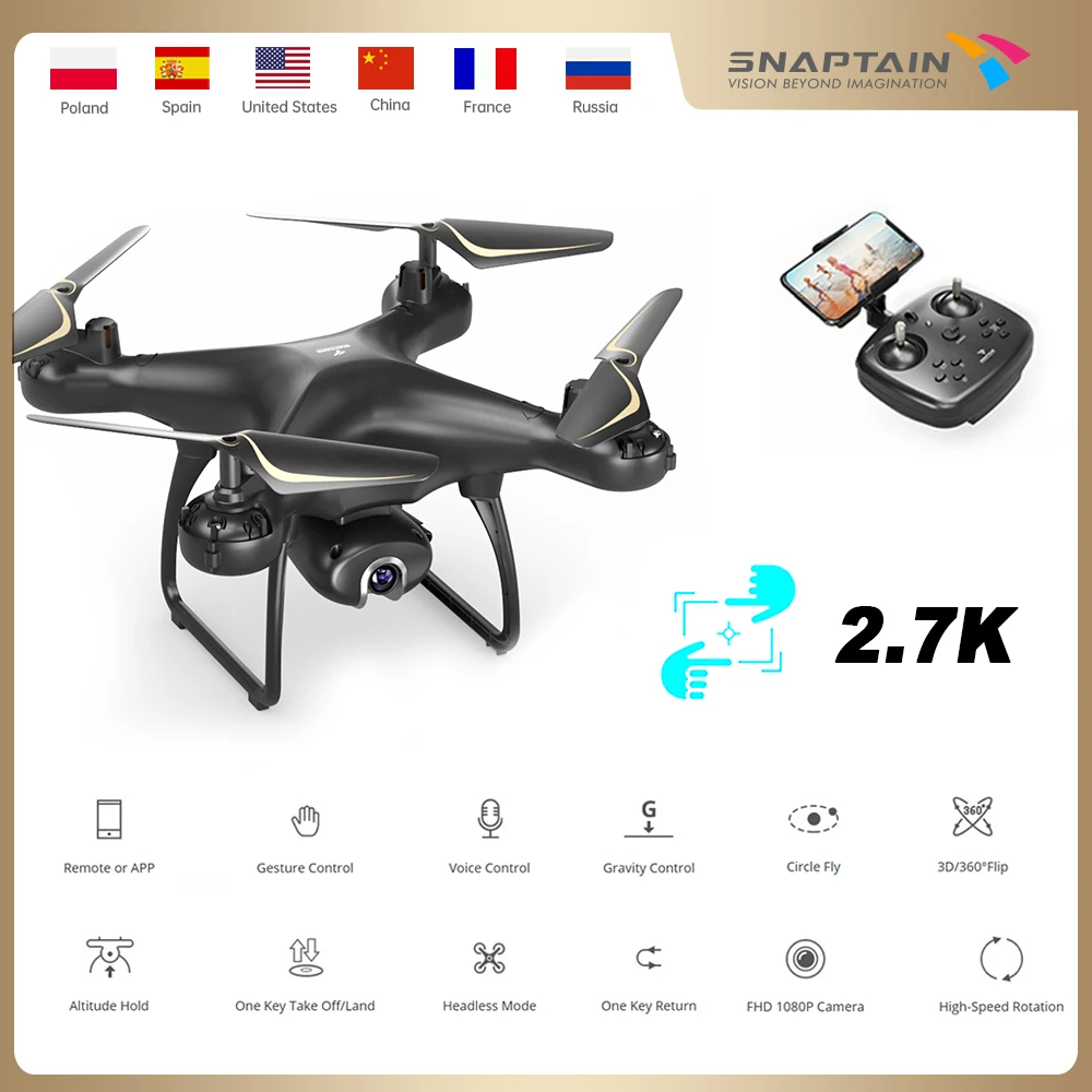 SNAPTAIN 2.7K Drone profession Camera 2.7K HD Video Camera Drone Voice Gesture Control Wide Angle Foldable Quadcopter RC dron