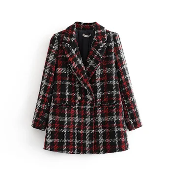 

VomVoa retro fashion houndstooth double-breasted women's clothing 2019 fashion long-sleeved chic plaid thick coat blazer