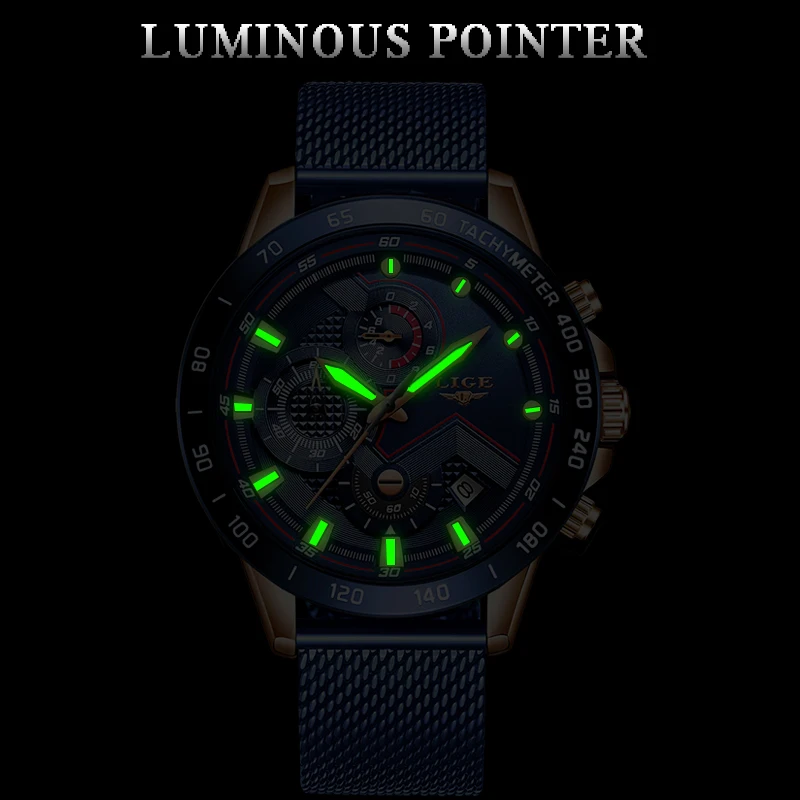 Lige Fashion New Mens Watches Brand Luxury Wristwatch Quartz Clock Blue Watch Men Waterproof Sport-4
