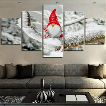 

5 Pieces Santa Claus And Red Hat Canvas Posters Chirstmas Wallpapers Art Paintings Winter Tree And Snow Pictures For Home Decor