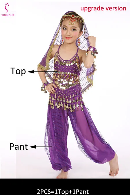Purple 2pcs 8 цветов детский набор костюма для танца живота Восточные Танцевальные костюмы для девочек Египетский Болливуд индийский танец живота одежда индия - Цвет: Purple 2pcs