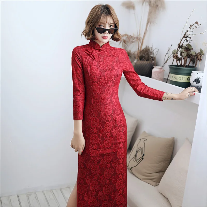 Sheng Коко белое кружевное платье Cheongsam платья тостов Костюмы ежегодная встреча платья с длинными рукавами платье Ципао в китайском Свадебная кружевная ткань