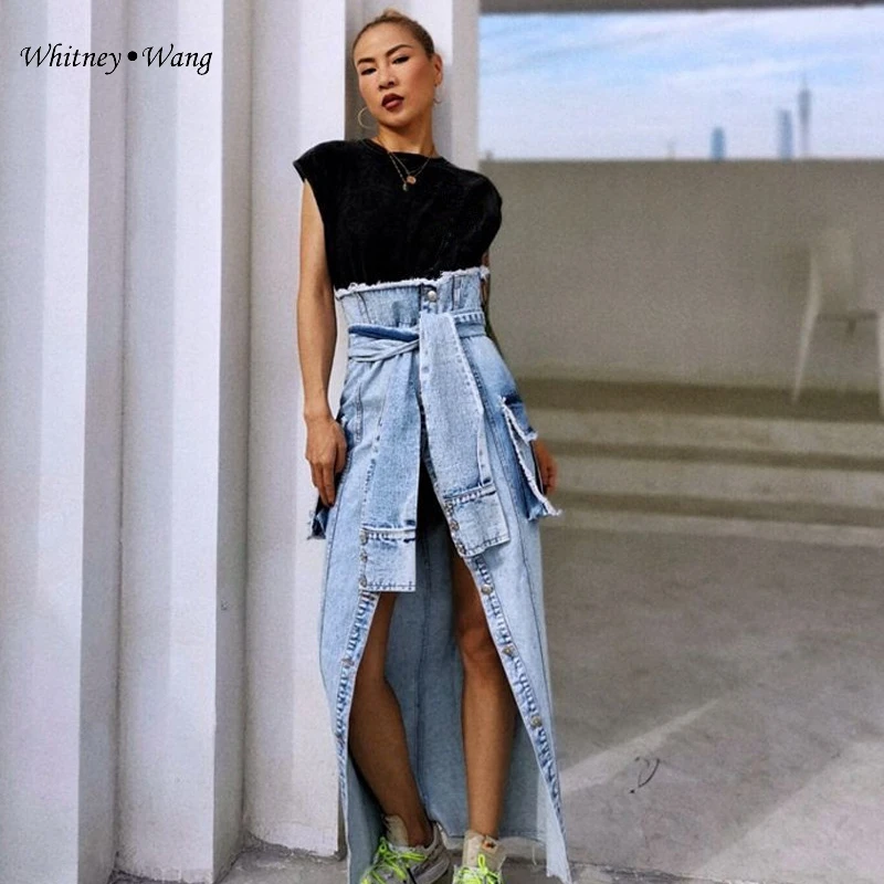 WHITNEY WANG весна лето мода уличная Высокая талия рукав пояса юбки джинсовые с разрезом женские джинсовые юбки - Цвет: Синий