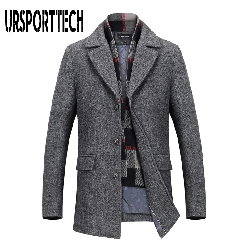 

URSPORTTECH High Quality Winter Woolen Coat Men Fashion Casual Stylish Detachable Scarf Warm Plaid Lining Jacket for Men Size5XL