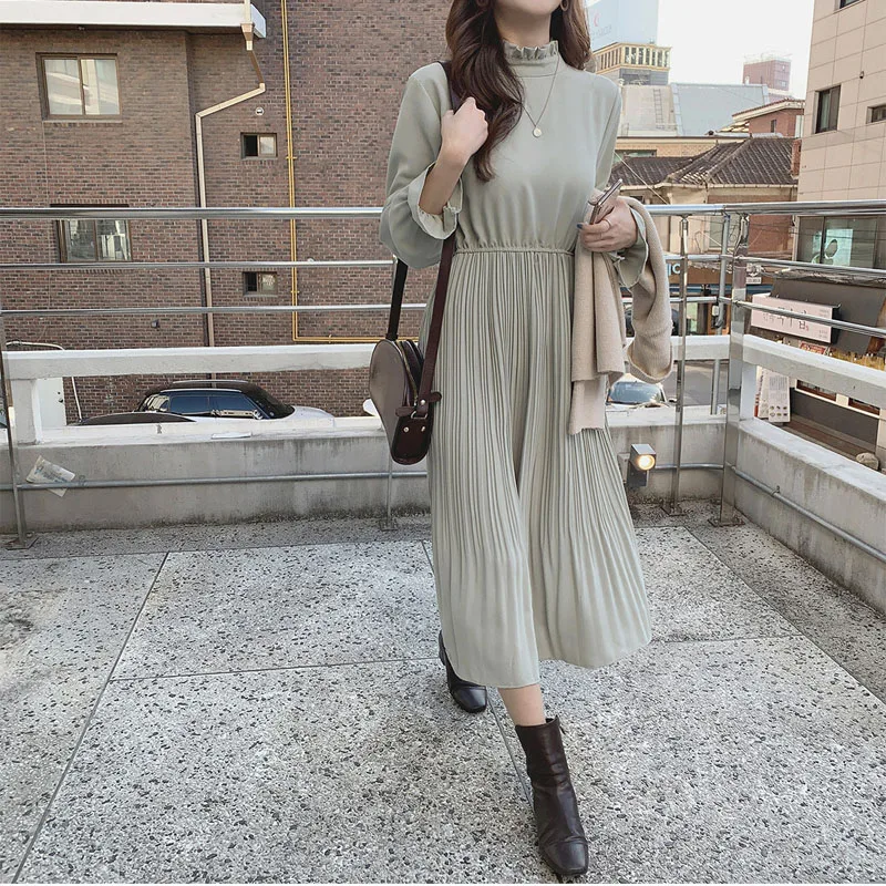 Elegant A-Line Pleated Elastic Waist Long Dress 2020 Summer Women Dress Sundress Vintage Flare Sleeve Chiffon Dress Female