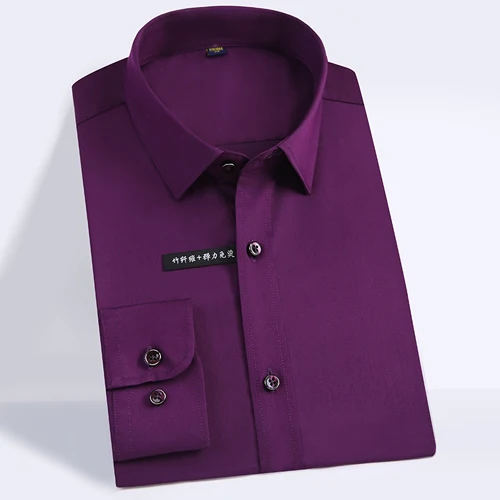 Dark purple Мужской Обычный длинный рукав, эластичная рубашка, простая в уходе, формальная деловая Рабочая одежда из бамбукового волокна, однотонные рубашки - Цвет: Dark purple
