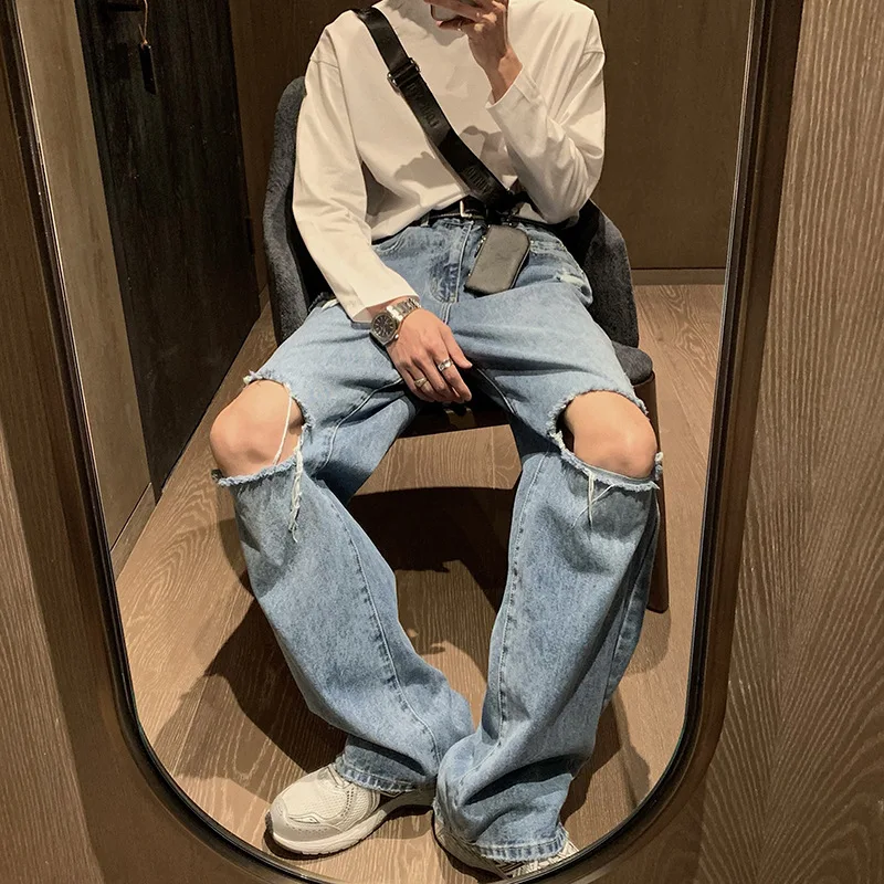 Ripped Jeans Men Summer New Harajuku Straight Blue Wide Leg Pants Korean Streetwear Baggy Jeans Fashion Men's Hip Hop Jeans 3XL 2