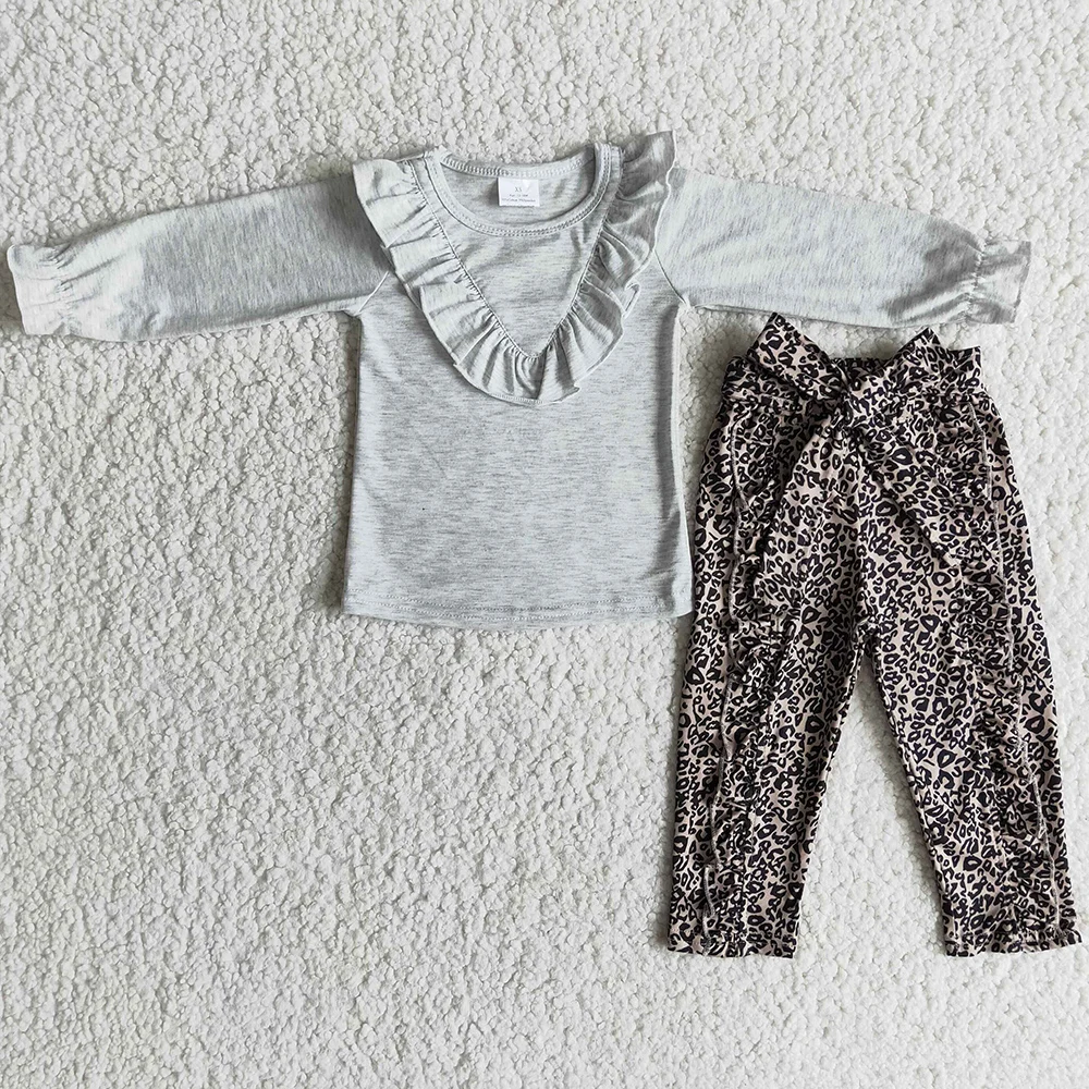 

New Design Baby Girl Clothes Solid Color Long Sleeve Leopard Pants Outfits Fashion Kids Boutique Clothing Girls Toddler Outfits