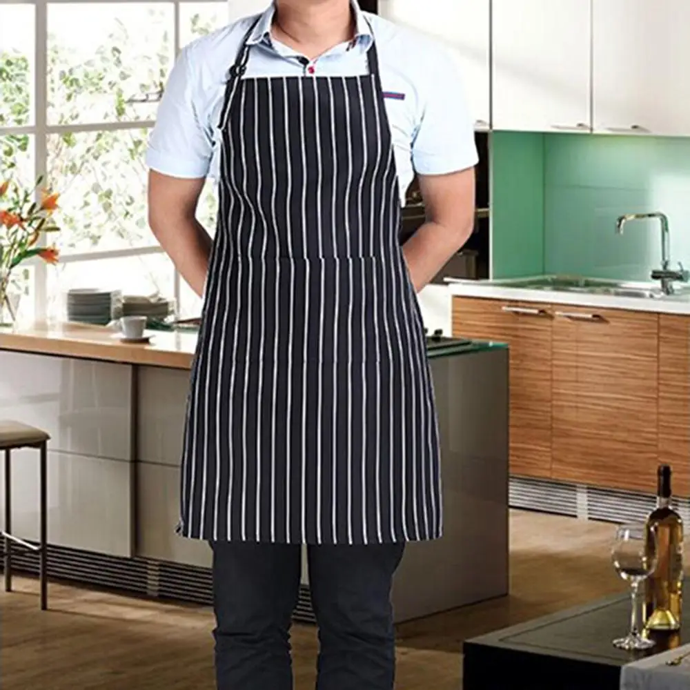 

HOT SALES!!! Adjustable Adult Black Stripe Bib Apron With 2 Pockets Chef Waiter Kitchen Cook Unisex Apron Cafe Cooking Apron