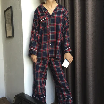 

2020 Women Cotton Pajamas Sets with Pants Long Sleeve Turn-down Collar with Pocket Pyjama Cute Cartoon Button Top+Long Pants Pij
