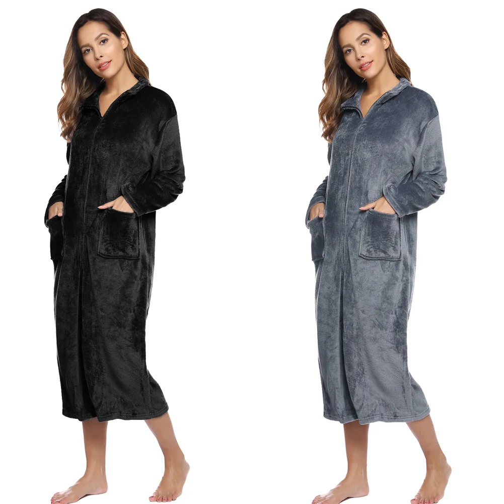Женские халаты, осенне-зимние теплые одноцветные элегантные флисовые халаты, халат с длинным рукавом, стоячий воротник, на молнии, одежда для сна, домашняя пижама