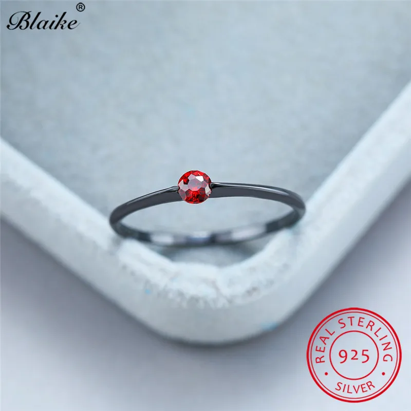Black Gold Red Минималистичное кольцо из стерлингового серебра s925 пробы с камнем, голубой, красный, черный циркон, тонкие кольца для женщин, обручальные кольца, кольцо из розового золота, ювелирные изделия - Цвет камня: Black Gold Red