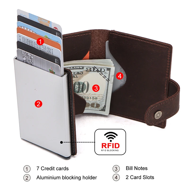 CONTACT'S Crazy Horse Leather Card Holder Wallet Men Automatic Pop Up ID Card Case Male Coin Purse Aluminium Box RFID Blocking leather wallet wallet card holder card holder coin purse credit card holder card wallet coin purse wallet id card case