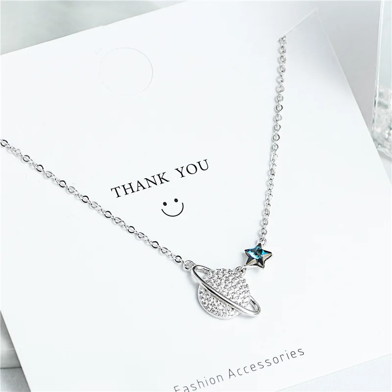 planet mini CZ blue crystal star necklace woman 100% 925 Sterling silver nacklace Jewelry Clavicle chain pendant gift for women