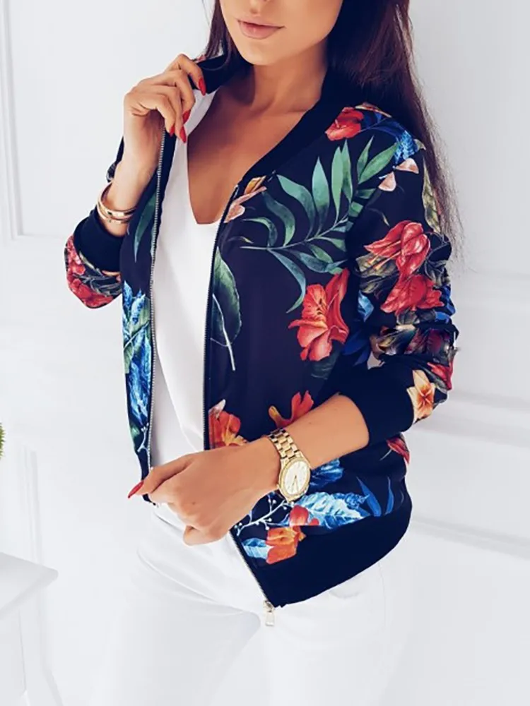 Most effective Adogirl Floral Print Women Baseball Jacket S-8XL Front Zipper Long Sleeve Slim Coat