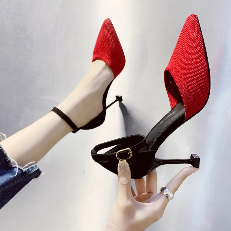 

Spring Thin Heeled Pointed-Toe Straight-line Buckle Hallow Shoes Women's Fly Woven Mixed Colors Fashion Sandals Korean-style Hig