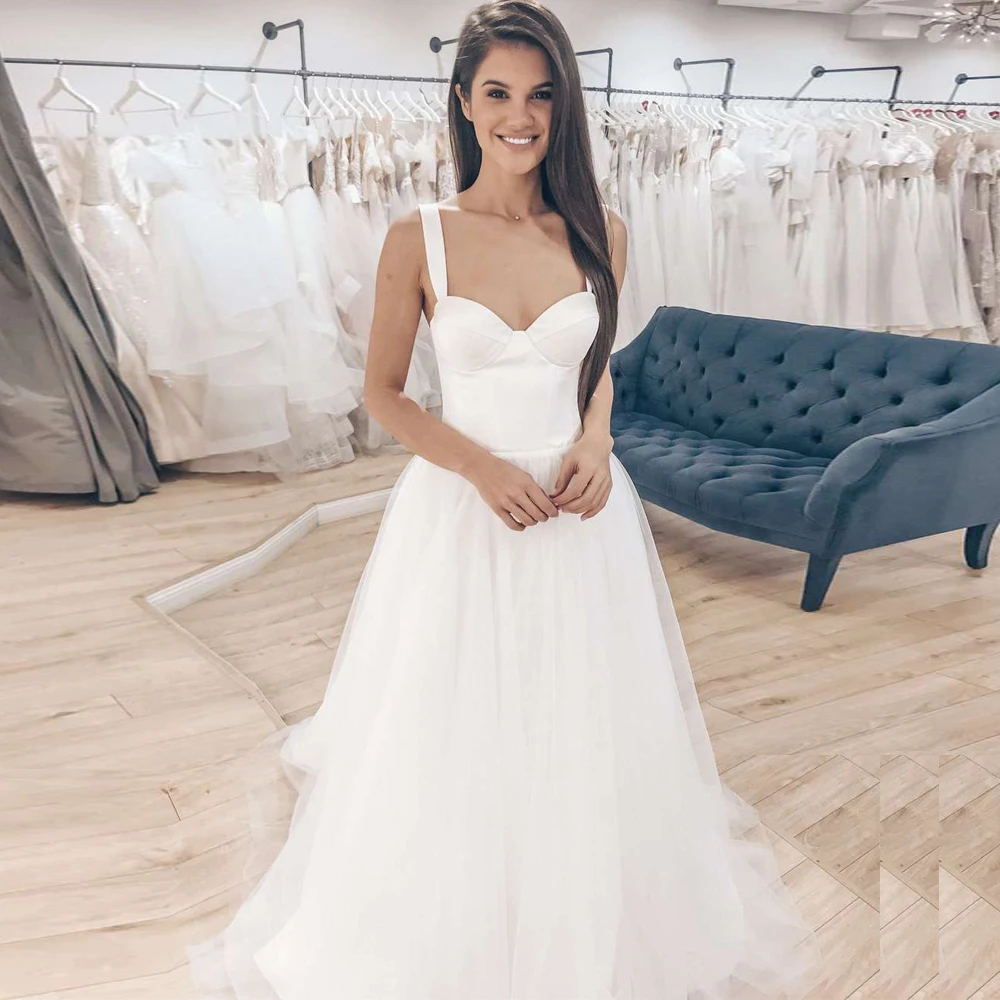 

ADLN 2020 Simple Wedding Dresses Sweetheart Sleeveless Satin Draped Tulle Bridal Gown Backless Robe De Mariee