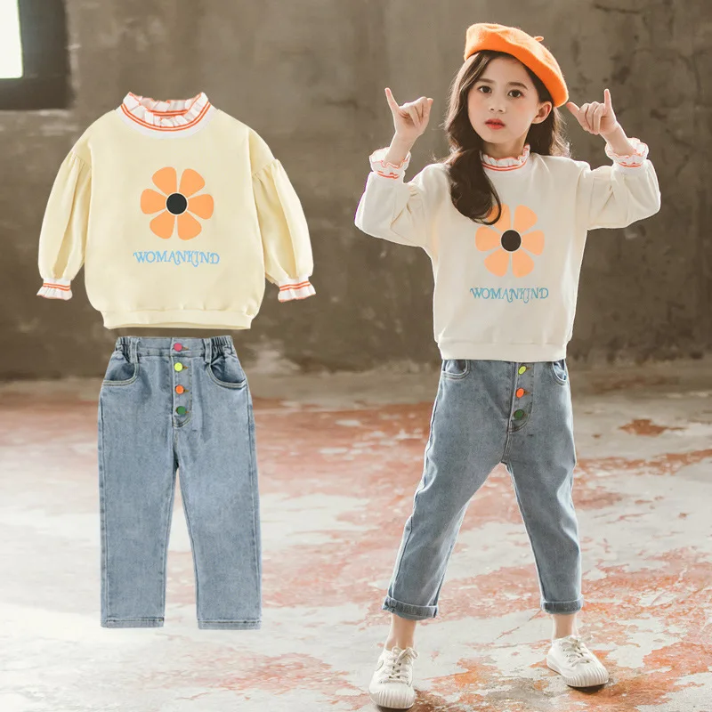 

2020 Korean-style Spring And Autumn Big Virgin Girls Sunflower Jeans CHILDREN'S Suit Western Style Little Girl Clothes Fashion-S
