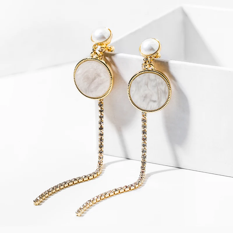 Fashion Cubic Zirconia CZ Clip On Earrings Gold Imitation Pearls Long Dangle Drop No Pierced For Women Girls Lady Gift | Украшения и