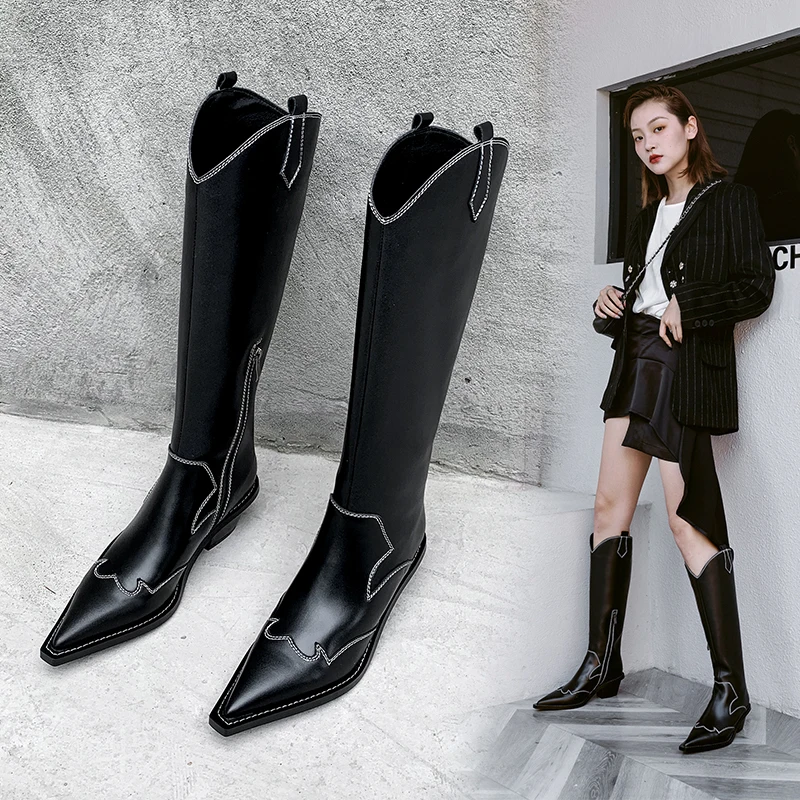 Женские кожаные сапоги до колена однотонные высокие из воловьей кожи с