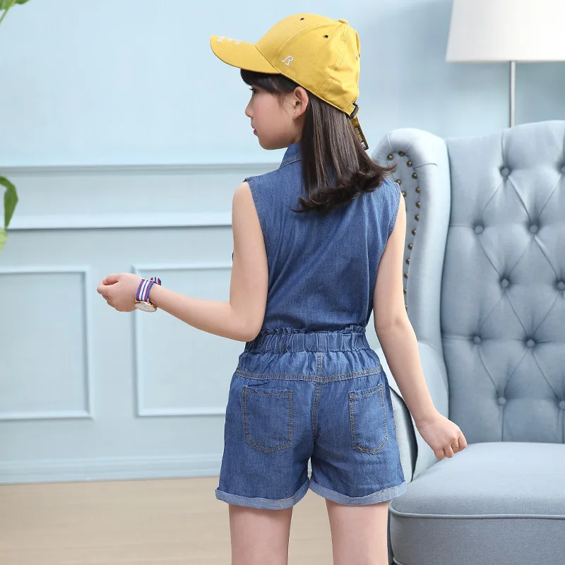 

2019 Summer New Style Girls Labeling Lettered Sleeveless Shirt + Waist Hugging Jeans False One-piece Set