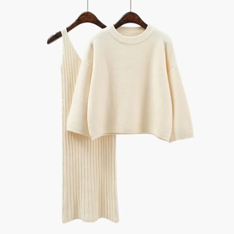 Beige Модное платье-свитер+ трикотажные топы, Корейская версия, женские топы с рукавом три четверти и круглым вырезом, Женский костюм из 2 предметов - Цвет: Beige
