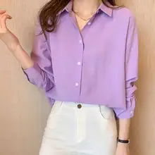 

Spring And Autumn Loose Large Size Pure Color Chiffon Shirt Women's Korean Style Leisure Lns Hong Kong Wind Long Sleeve Shirt Bo