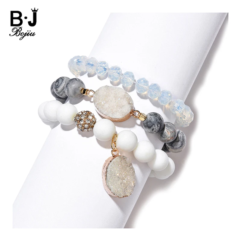 BOJIU Natural Druzy Stone Charm Bracelet For Woman 2021 New Round Quartz Agates Faceted Crystal Beads Bracelets Jewelry BCSET311