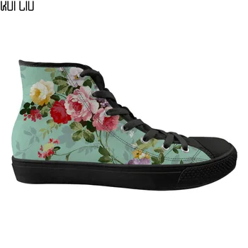 

Customized Flower Prints Flats Spring Kid's Shoes Classic High Top Canvas Vulcanize Shoes for Children Casual Sneakers Lace Up