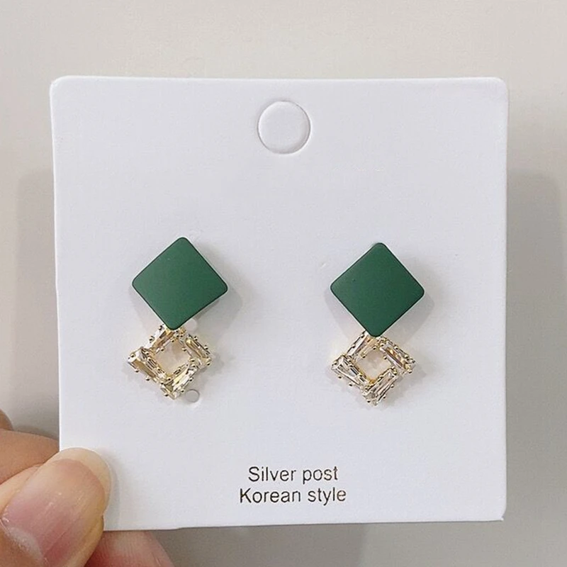 Korean Temperament Color Sweet Girl Rhinestone Earrings Simple Geometric Rhombus orecchini Party Accessoryc aretes de mujer - Окраска металла: C Green