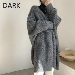 [Escuro] cardigã de malha retrô moda simples outono e inverno espesso solto torção longa suéter feminino jaqueta