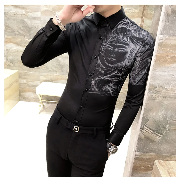 Платье рубашка Корейская одежда мужская рубашка camisa social Повседневная приталенная мужская с принтом вечерние рубашки для клуба Camisa Masculina